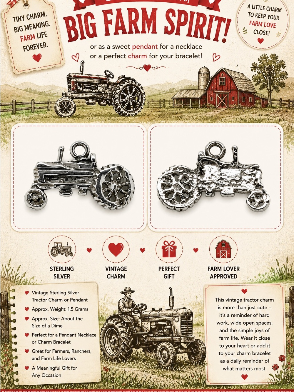 Big Farm Spirit Sterling Silver Tractor Charm